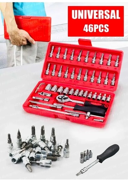 58 Parça 46MINI Lokma Takımı Otomatik Cırcırlı 1/4" 12 Parça Kombine Açık Ağız-Yıldız Anahtar Takım