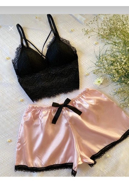 Larisa Cosmetics Pembe Saten Şortlu Bralet Takım