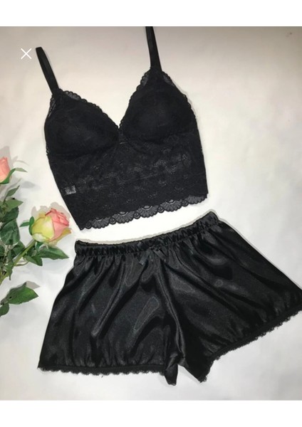 Larisa Cosmetics Siyah Saten Şortlu Bralet Takım