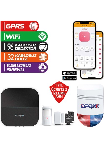 OPAX-W20+BGR-09 Gprs I Gsm I Wıfı & Bgr-09 Kablosuz Sirenli Alarm Sistemi (1 Yıl Ahm Ücretsiz)