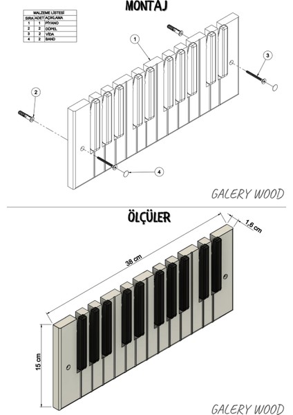 Galery Wood Dekoratif Ahşap 10 Tuşlu Piyano Elbise Askılık; Enstrümantal Çok Amaçlı Müzik, Duvar, Kapı Askı;15x38cm