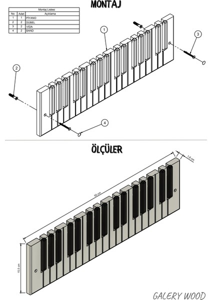 Galery Wood Dekoratif Ahşap 15 Tuşlu Piyano Elbise Askılık; Enstrümantal Çok Amaçlı Müzik, Duvar, Kapı Askı;15x55cm