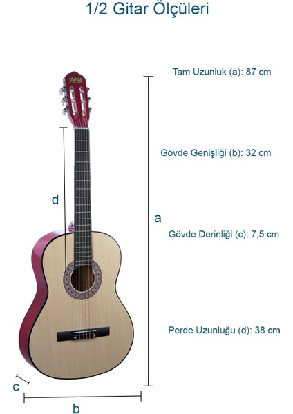 CG-34NT-PAK Kaliteli 34 İnç 1/2 Juniur Çocuk Gitarı Seti 4-8 Yaş Arası + Tuner Çanta Capo Askı Nota Sticker Pena Metod