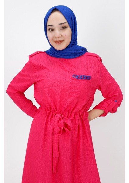 1021 Cep Zincir Detaylı Bürümcük Kumaş Elbise modelleri