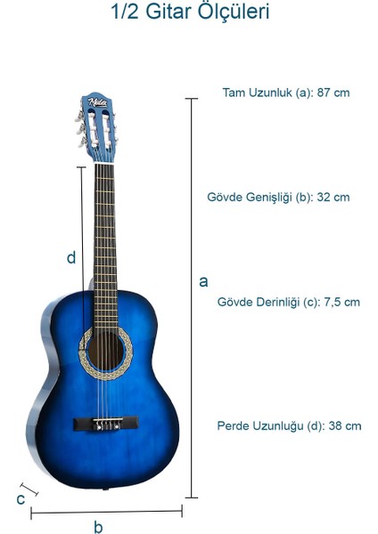 CG-34BL Kaliteli 34 İnç 1/2 Juniur Çocuk Gitarı 4-8 Yaş Arası + Çanta Capo Nota Sticker Askı Pena Metod