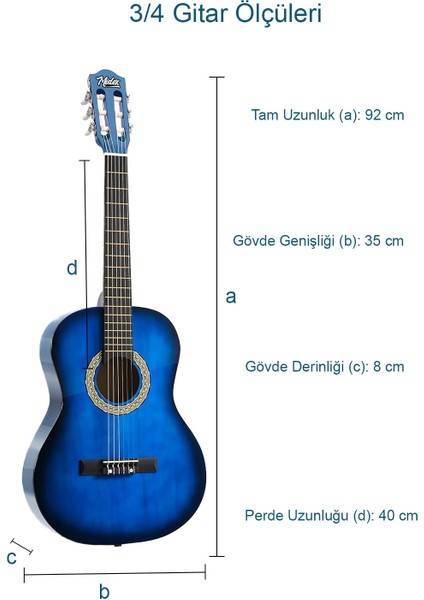 CG-36BL Kaliteli 36 İnç 3/4 Juniur Çocuk Gitarı 8-12 Yaş Arası + Çanta Askı Capo Nota Sticker Pena Metod