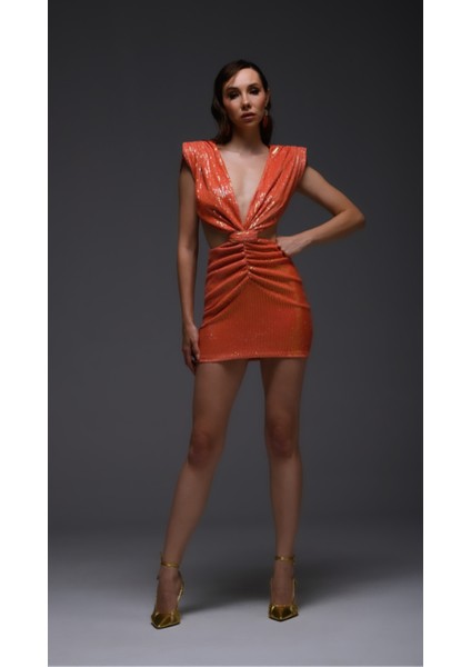 Turuncu Payetli Cut Out Detaylı Mini Elbise