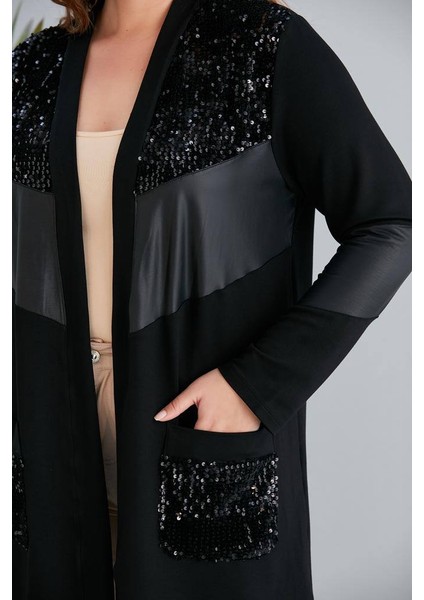 Kadın Siyah Pullu Pul Payet Deri Detaylı Cepli Hırka Ceket fiyatları