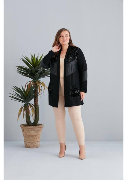 Kadın Siyah Pullu Pul Payet Deri Detaylı Cepli Hırka Ceket modelleri