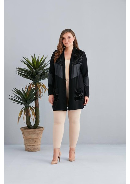 Kadın Siyah Pullu Pul Payet Deri Detaylı Cepli Hırka Ceket fırsatları