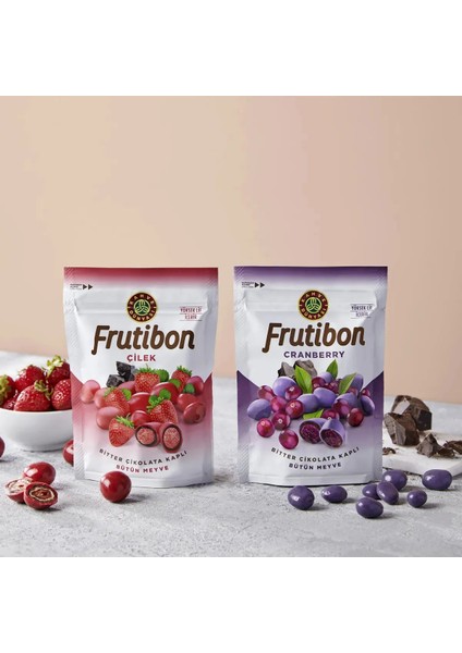 Frutibon 2 Çeşit 1 Arada; Kahve Dünyası Frutibon Canberry Bitter Çikolata Kaplı 50 gr ve Kahve Dünyası Frutibon Çilekli Bitter Çikolata Kaplı 50 gr