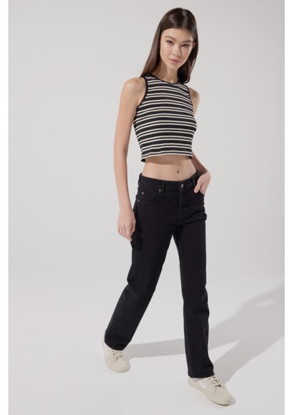 Slim Fit Dar Kesim Bisiklet Yaka Kolsuz Crop Siyah Çizgili Esnek Tshirt indirimleri