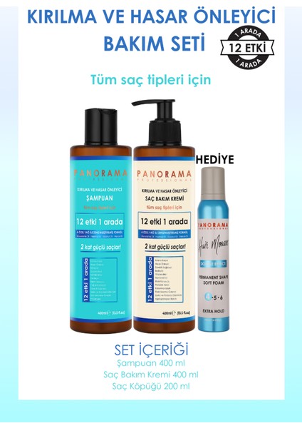 Kırılma ve Hasar Önleyici Bakım Seti 2 Kat Güçlü Saçlar 12 Etki 1 Arada 400 ml Şampuan + 400 ml Saç Bakım Kremi + 200 ml Saç Köpüğü