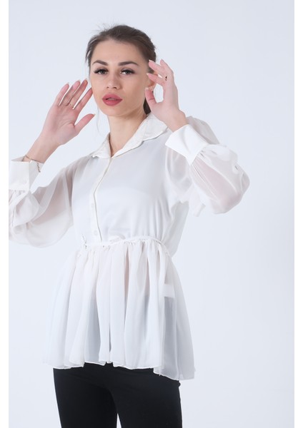 Beyaz Transparan Kol Detaylı Bluz 3972459.15