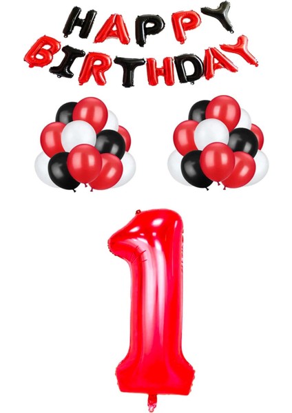 Siyah Kırmızı Happy Bırthday Kırmızı Rakam Folyo ve Late x Balon Seti Yaş 1