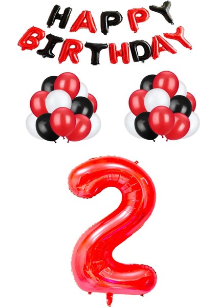 Siyah Kırmızı Happy Bırthday Kırmızı Rakam Folyo ve Late x Balon Seti Yaş 2