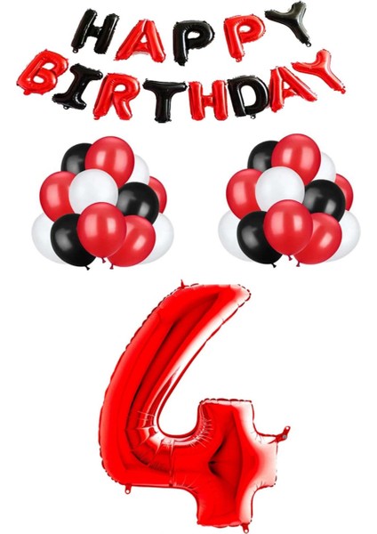 Siyah Kırmızı Happy Bırthday Kırmızı Rakam Folyo ve Late x Balon Seti Yaş 4