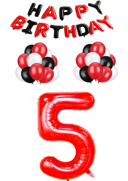 Siyah Kırmızı Happy Bırthday Kırmızı Rakam Folyo ve Late x Balon Seti Yaş 5