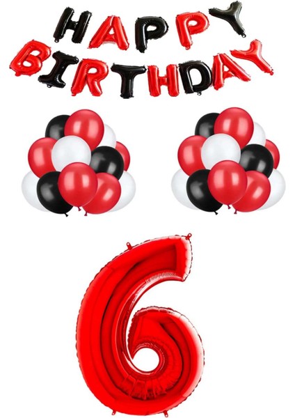 Siyah Kırmızı Happy Bırthday Kırmızı Rakam Folyo ve Late x Balon Seti Yaş 6