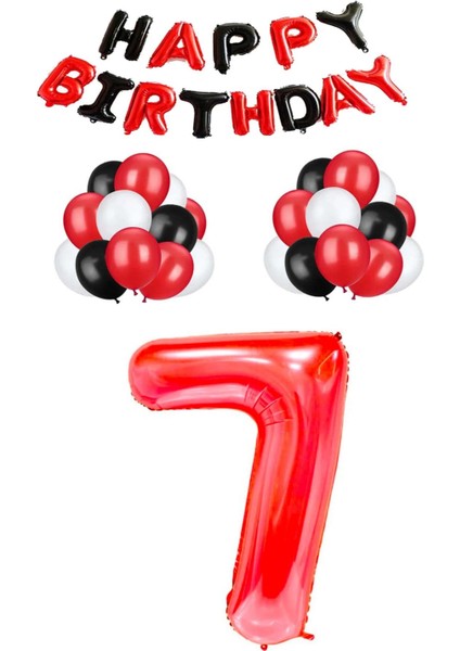 Siyah Kırmızı Happy Bırthday Kırmızı Rakam Folyo ve Late x Balon Seti Yaş 7