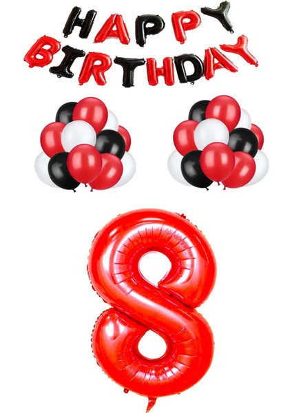 Siyah Kırmızı Happy Bırthday Kırmızı Rakam Folyo ve Late x Balon Seti Yaş 8