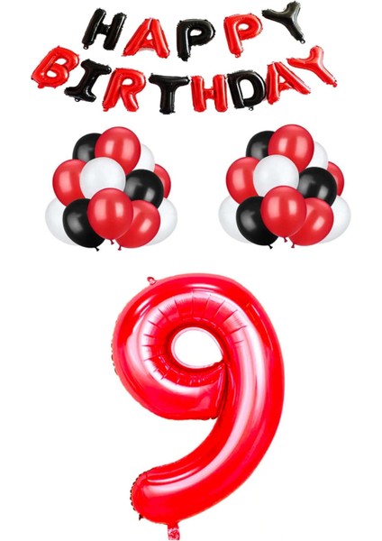 Siyah Kırmızı Happy Bırthday Kırmızı Rakam Folyo ve Late x Balon Seti Yaş 9