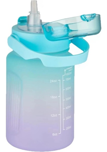 1000ML Pipetli ve Pipetsiz Kullanım Kulplu Çift Renk Motivasyon Matarası Sticker Hediyeli