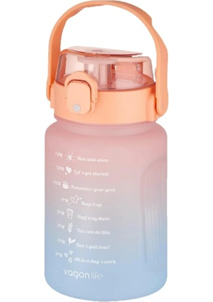 1000ML Pipetli ve Pipetsiz Kullanım Kulplu Çift Renk Motivasyon Matarası Sticker Hediyeli
