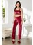 Kadife Saten 3'lü Kadın Crop'lu Pijama Takımı 2050 - Bordo 4