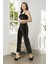 Kadife Saten 3'lü Kadın Crop'lu Pijama Takımı 2050 - Siyah 5