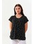 Kadın Desenli V Yaka Kısa Kol Bluz 23126 Siyah 3