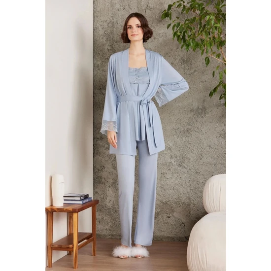 Pierre Cardin Dantelli Penye 3'lü Kadın Lohusa Pijama Takımı 2805 - Mist