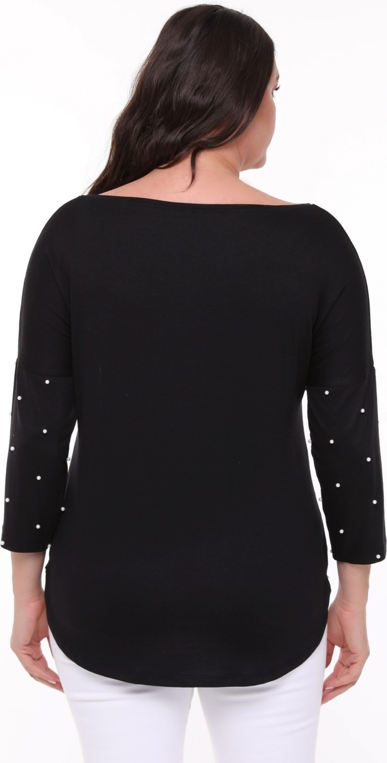 Curvy Trend Büyük Beden Inci Detaylı Geniş V Yaka Yarım Kol Oval Yırtmaç Bluz görsel 5