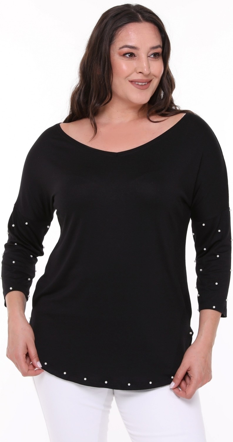 Curvy Trend Büyük Beden Inci Detaylı Geniş V Yaka Yarım Kol Oval Yırtmaç Bluz görsel 3