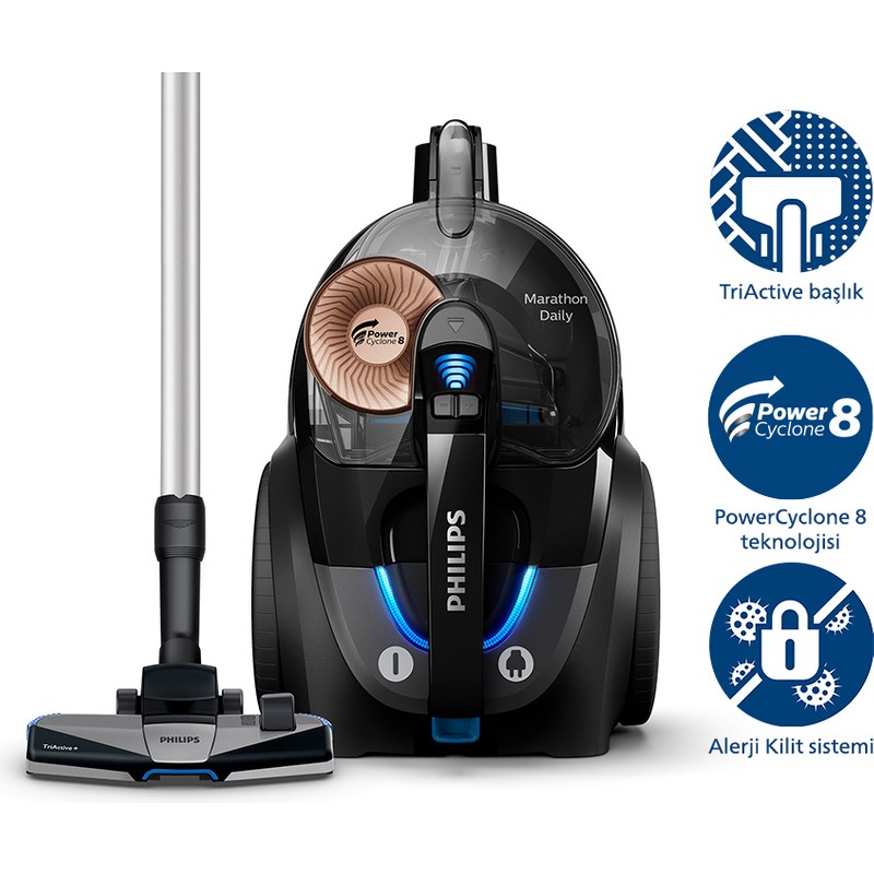 Philips 7000 Serisi Marathon Daily Torbasız Elektrikli Süpürge, 750W, PowerCyclone 8, Alerji Kilit Sistemi, CarpetClean Başlık, XB7150/07 - En Uygun Fiyatlarla Piinti'de