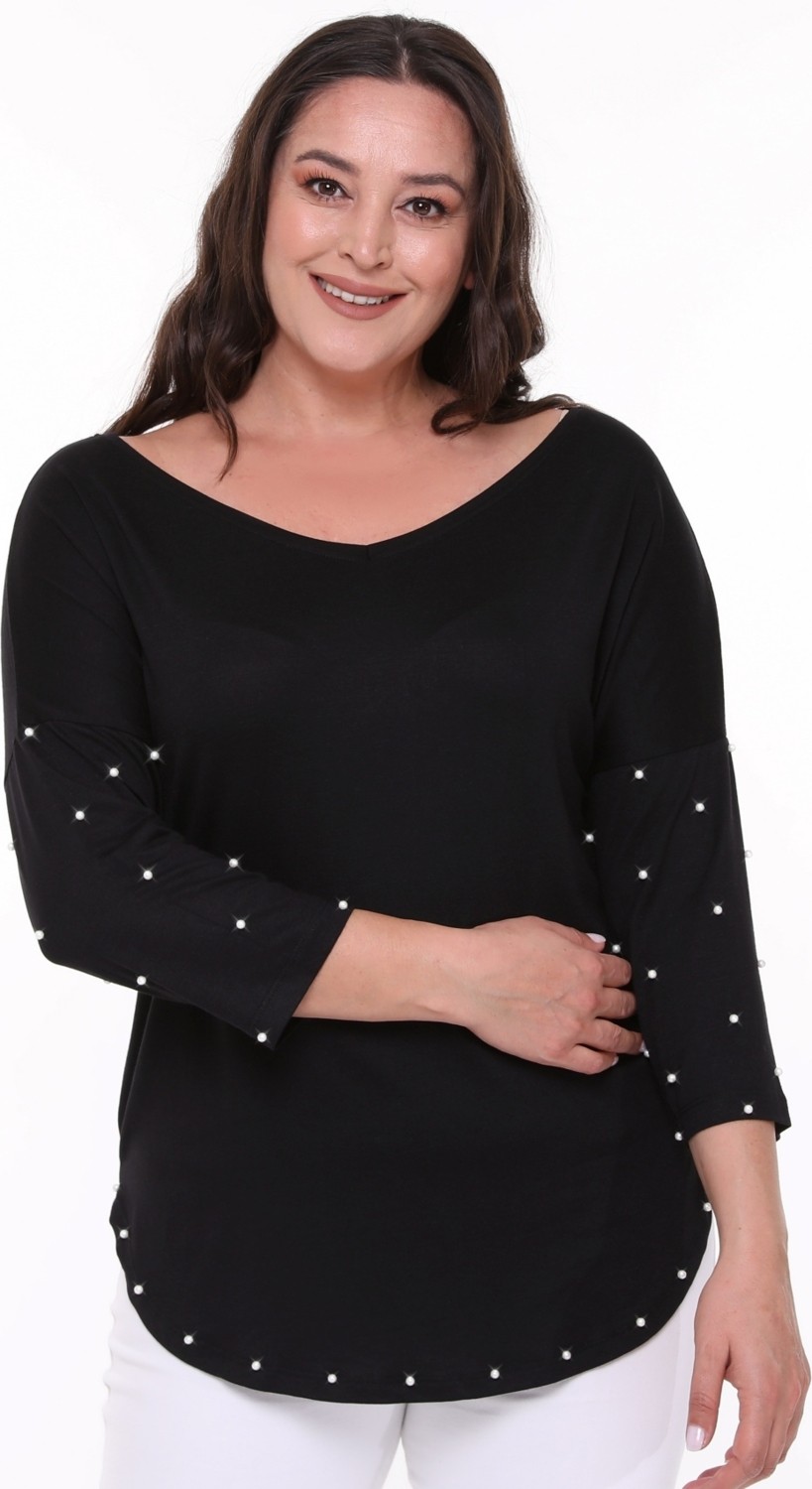 Curvy Trend Büyük Beden Inci Detaylı Geniş V Yaka Yarım Kol Oval Yırtmaç Bluz