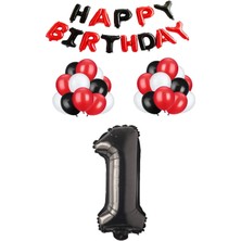 Rönesans Parti Siyah Kırmızı Happy Bırthday Siyah Rakam Folyo ve Late x  Balon Seti Yaş 1
