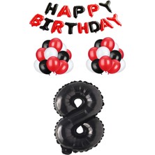 Rönesans Parti Siyah Kırmızı Happy Bırthday Siyah Rakam Folyo ve Late x  Balon Seti Yaş 8