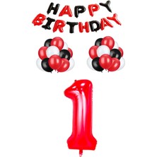 Rönesans Parti Siyah Kırmızı Happy Bırthday Kırmızı Rakam Folyo ve Late x  Balon Seti Yaş 1