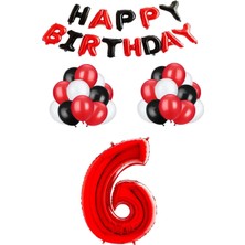 Rönesans Parti Siyah Kırmızı Happy Bırthday Kırmızı Rakam Folyo ve Late x  Balon Seti Yaş 6