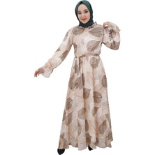 By Coolest Butik 400 Yaprak Desenli Büzgü Detaylı Şifon Elbise