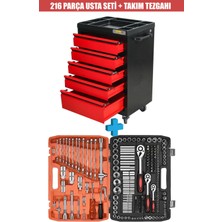 Staxx Power Xl Seri 5 Çekmeceli Alet Dolabı İçi Boş Atölye Usta Set Takım Arabası + 216 Parça Lokma Seti