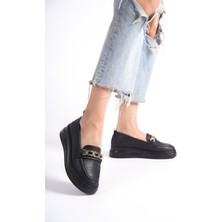 Tstore Siyah Cilt Kalın Tabanlı Tokalı Makosen Loafer Ayakkabı