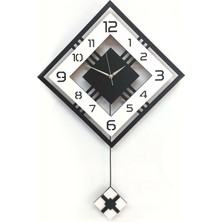 CajuArt Dörtgen Geometrik Tasarım 50 cm Modern Ahşap Sarkaçlı Duvar Saati Siyah Beyaz