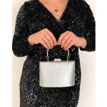 Sh Poly1 Abiye Çanta Clutch Portföy Askılı Omuz ve El Çantası Kumaş Gümüş