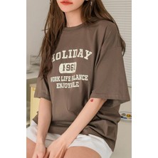 Trendypassion Only Trendwear Kahverengi Kısa Kol Grafik Desenli Tasarım TShirt Yumuşak Malzeme