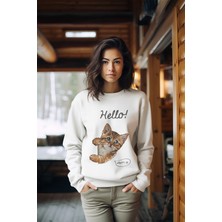 Adabebek Hello Cat Tarz Kadın Bisiklet Yaka Sweatshirt