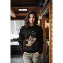 Adabebek Hello Cat Tarz Kadın Bisiklet Yaka Sweatshirt