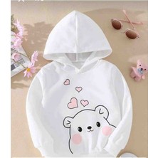 Kız Çocuk Kapşonlu Beyaz Tatlı Ayıcık Baskılı Sweatshirt