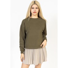 olafre Bisiklet Yaka 2 Iplik Haki Sweatshirt, Basic Kazak, Ince Düz Kazak
